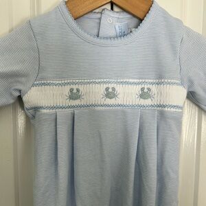 Nantucket Baby blue white stripes smocked embroidered blue crab 6-12 months